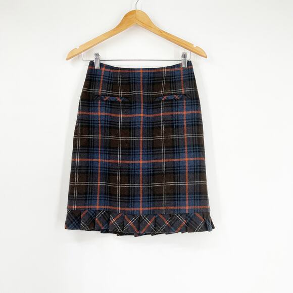 cabi Plaid Academia Ruffle Trim Wool Blend Skirt Size 2 - Picture 1 of 5